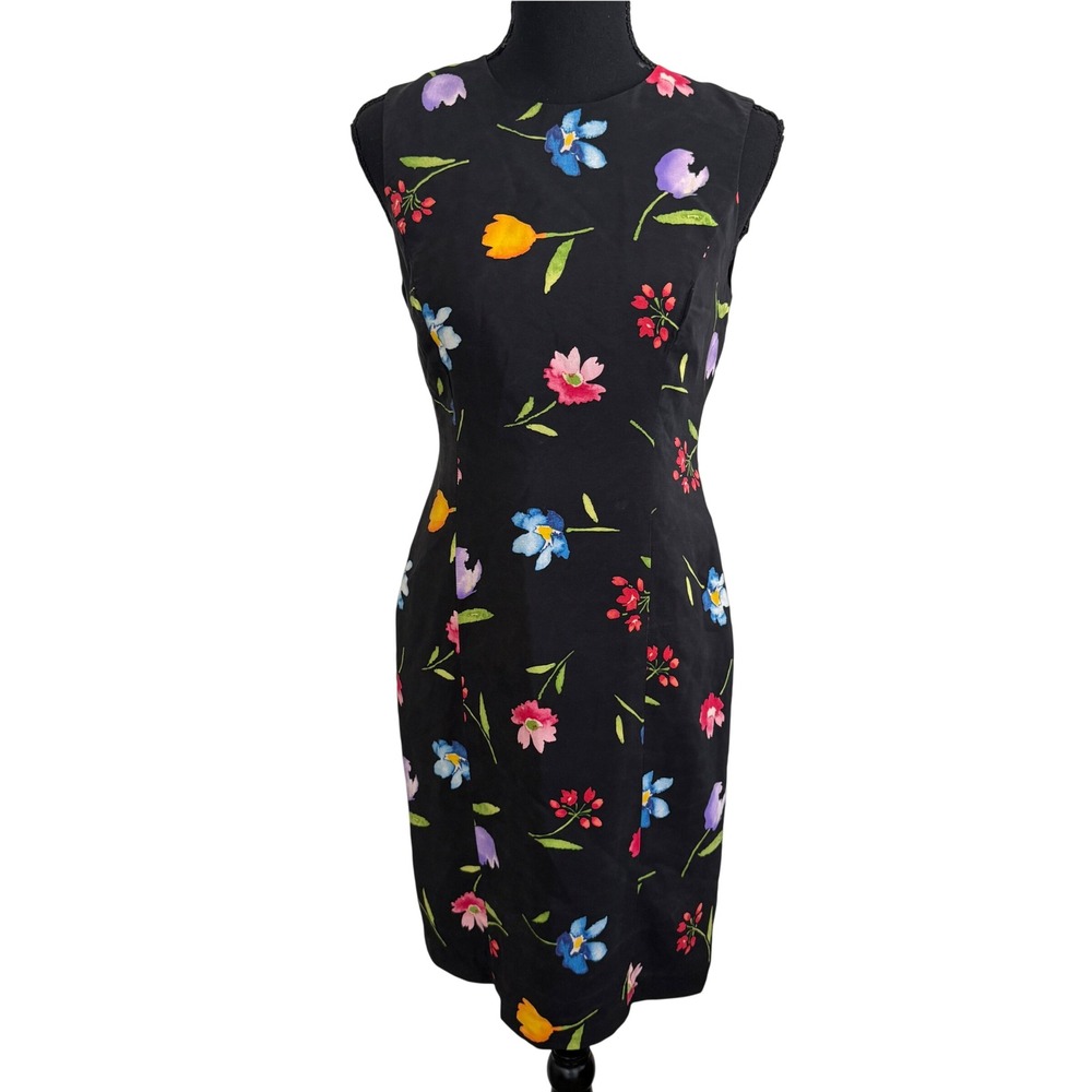 Vintage Maggy London Black Floral Fairy 100% Silk Dress Size 4P Whimsigoth 90s